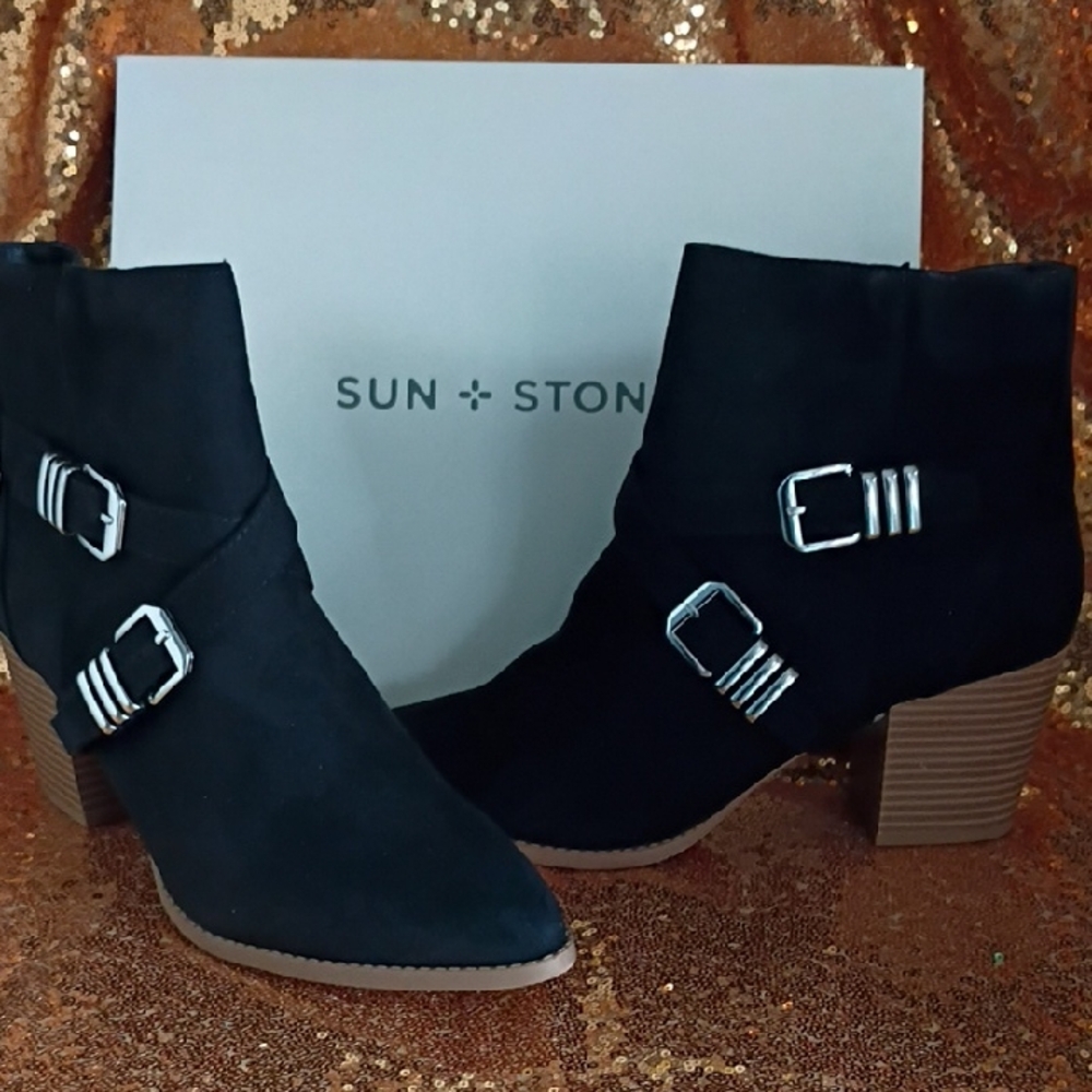 Sun + Stone Black Suede Buckle Ankle Booties